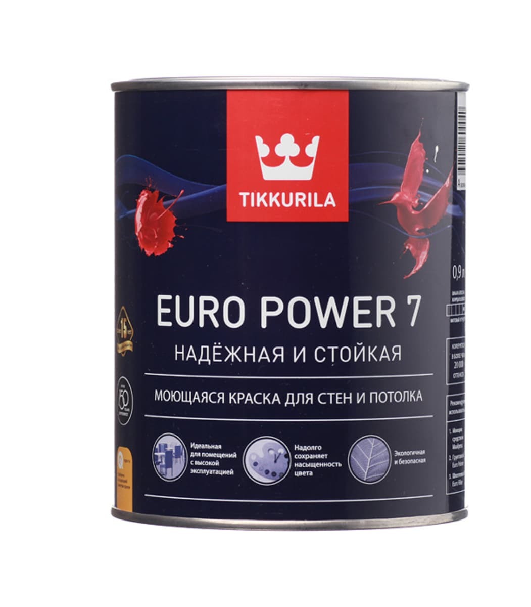 Краска для стен и потолков Euro Power 7 база С 0,9 л Tikkivala (Tikkurila)